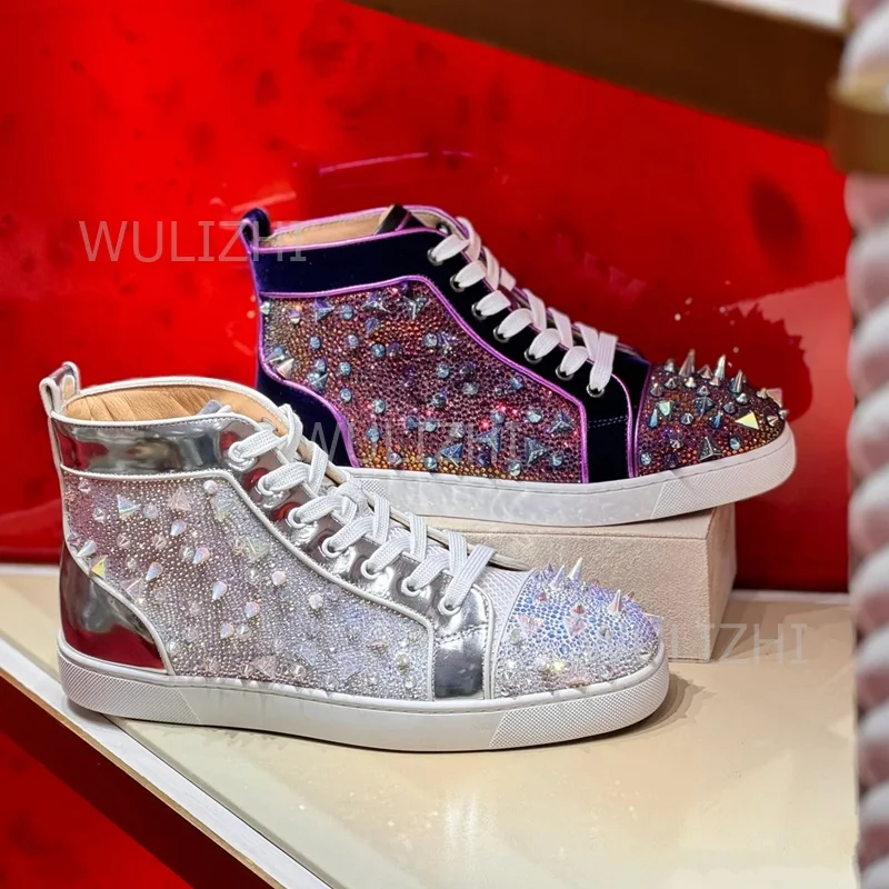 Women'S Shoes Red Bottoms - Ciemnofioletowe sneakersy męskie z kryształowymi nitami,
